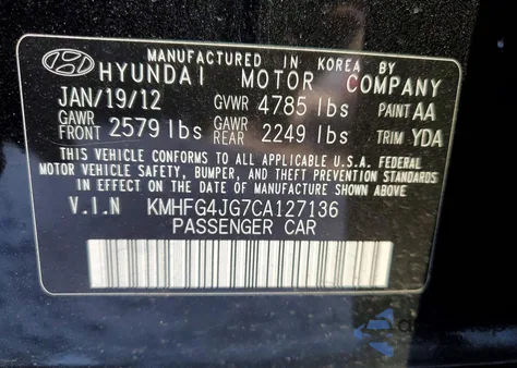 2012 Hyundai Azera Gls z USA, uszkodzony, nr VIN KMHFG4JG7CA127136